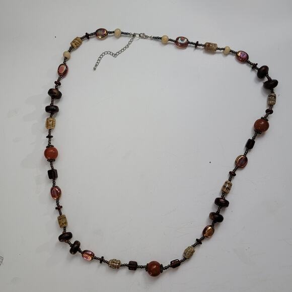 Vintage Glass Bead Necklace with Brown, Amber & Cream Tones, Boho Retro Jewelry - Picture 1 of 10